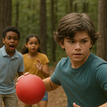Three children with on of them preparing to throw a dodge ball.