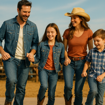 A family of four line dancing.