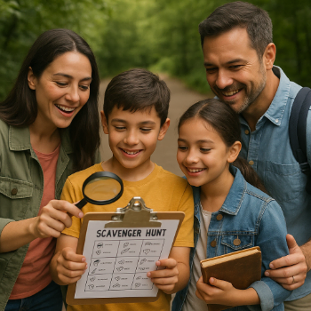 A family of four looking at a clipboard with scavenger hunt clues.