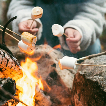 Marshmallows held over fire for roasting.