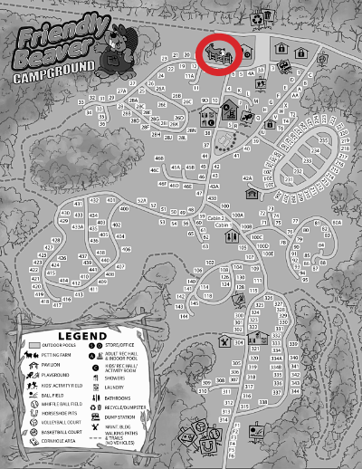 Map of Friendly Beaver Campground highlighting the petting farm.