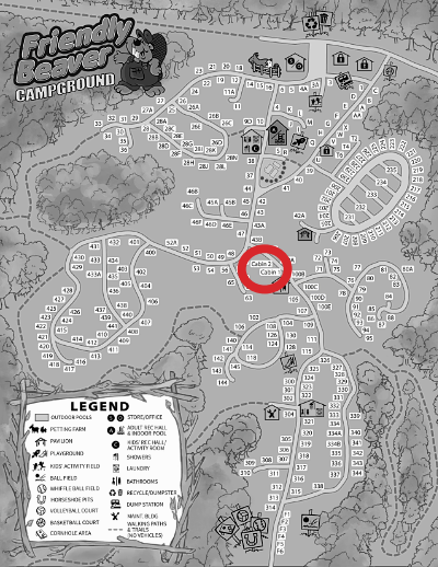 Map of Friendly Beaver Campground highlighting the cabins.