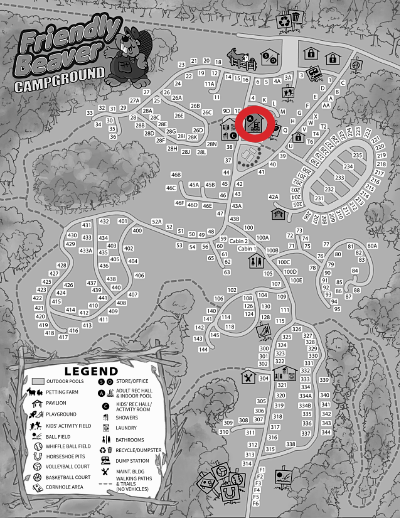 Map of Friendly Beaver Campground highlighting the cafe.
