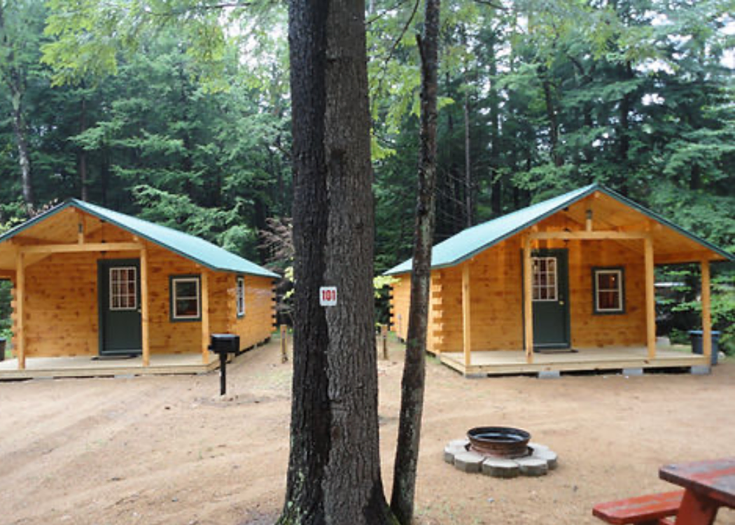 Rustic cabins at Friendly Beaver Campground in New Boston NH