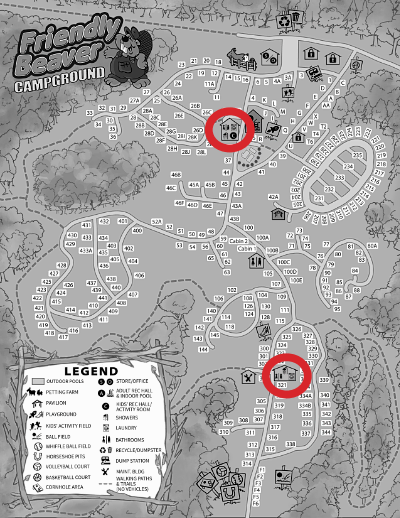 Map of Friendly Beaver Campground highlighting the laundry rooms.