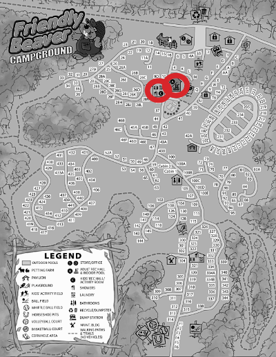 Map of Friendly Beaver Campground highlighting the rec halls.