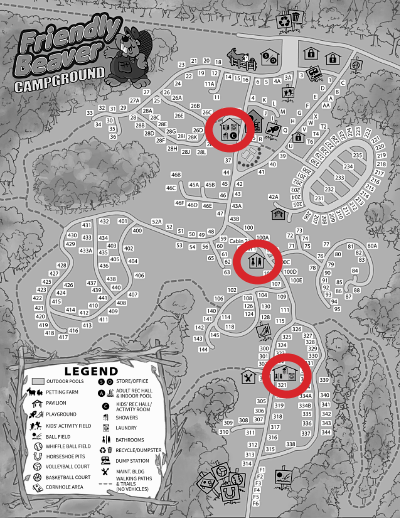 Map of Friendly Beaver Campground highlighting the restrooms.