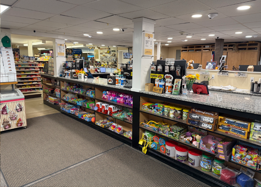 Store countertop with various items for sale on and below it.