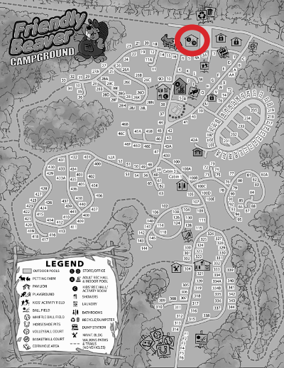 Map of Friendly Beaver Campground highlighting the store.