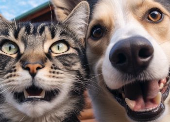 A close up picutre of a cat and dog face.
