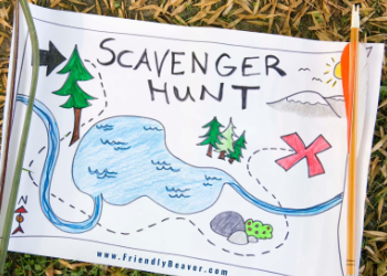 A map drawn with crayons showing a large X and titled Scavenger Hunt.