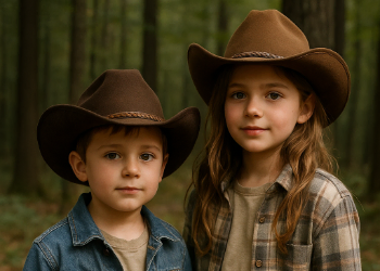 Two kids wearing cowboy hats.